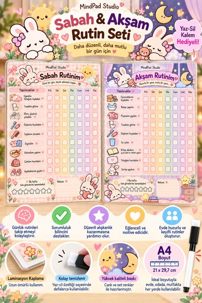 Mindpad 2'li Set Çocuk Pembe Tavşan Sabah & Akşam Rutin Panosu – PVC Kaplı Ya...