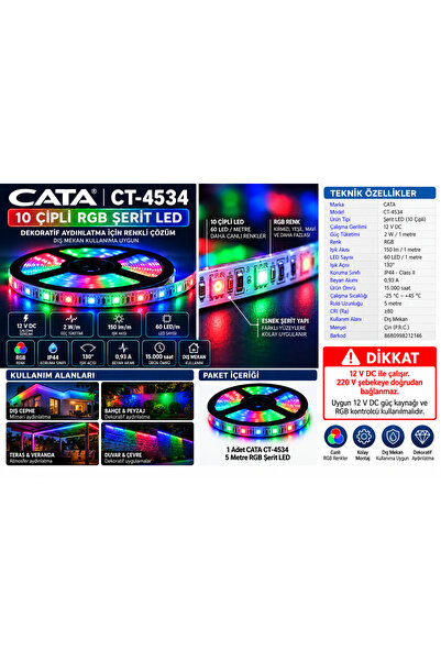 CT-4534 10 Çipli RGB Şerit LED 5 Metre 12V 2W/m 150 Lümen IP44 Dış Mekan