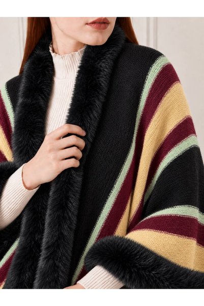 Generic Brand Women's Knitwear Poncho with Fur Detail and Tassels, Shawl Collar Poncho