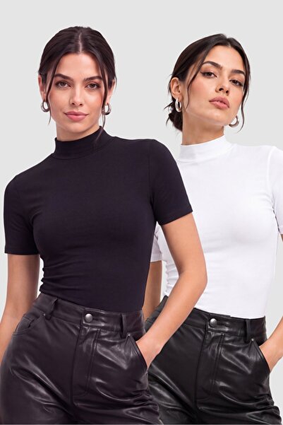 Arma Yıldız Women's Cotton Turtleneck Short Sleeve Bodysuit 2-Pack