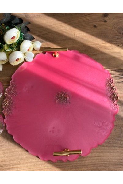 ⁠El Yapımı Tasarım Pembe Epoksi Nişan ve Söz Tepsisi, 30 cm Çeyiz Tepsisi, Gold Detaylı Sunum Tepsisi⁠
