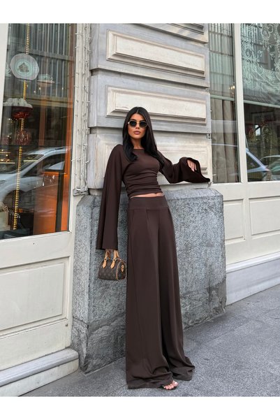 MODAMERSİ Women's Brown Spanish Sleeve Blouse Pants Bottom Top Set