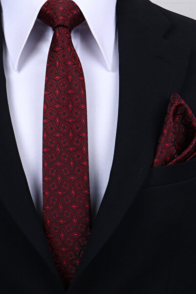 Esgue Hand Made 6 cm Geometric Pattern Burgundy Color Handkerchief Tie