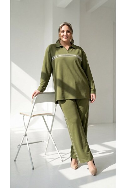 Koza Butik Women's Plus Size Long Sleeve Stone Detailed Tracksuit Set 8309-27