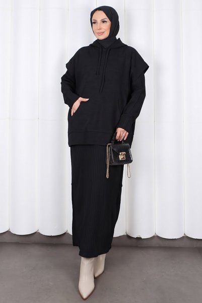 HNT Hayrunnisa Tesettür Zero Sleeve Hooded Dress Knitwear Set Black Hnt2813