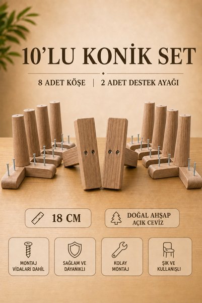 LEGORA WOOD DESIGN 18 Cm Konik (Açık Ceviz 10'lu Set) Ahşap Mobilya Ayağı "8 ...
