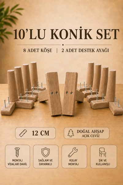 LEGORA WOOD DESIGN 12 Cm Konik (Açık Ceviz 10'lu Set) Ahşap Mobilya Ayağı "8 ...