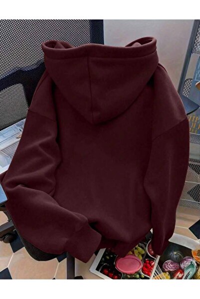 trendgar Bordo Fiyonk Baskılı Kapşonlu Sweatshirt