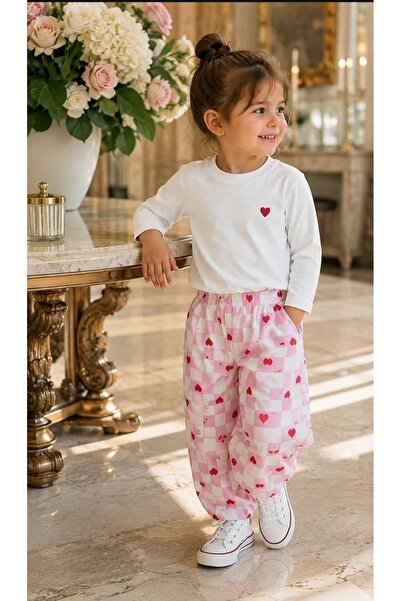 kr kids Kız Çocuk 2’li Takım Kalp Desenli Beyaz Uzun Kollu Üst ve Pembe Karel...