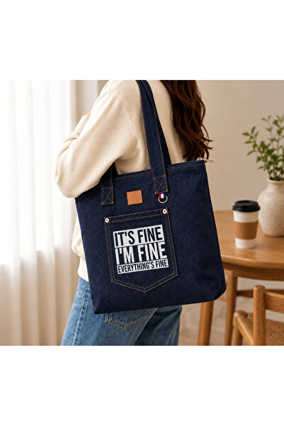 Kadın Siyah Kot Omuz Çantası Fermuarlı Cepli %100 Pamuk Denim Tote Çanta İts Fine Desen