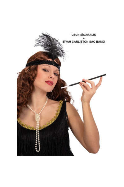Genel Markalar Gatsby Temalı Aksesuar Seti 1920'ler Siyah Saç Bandı ve Sigaralık