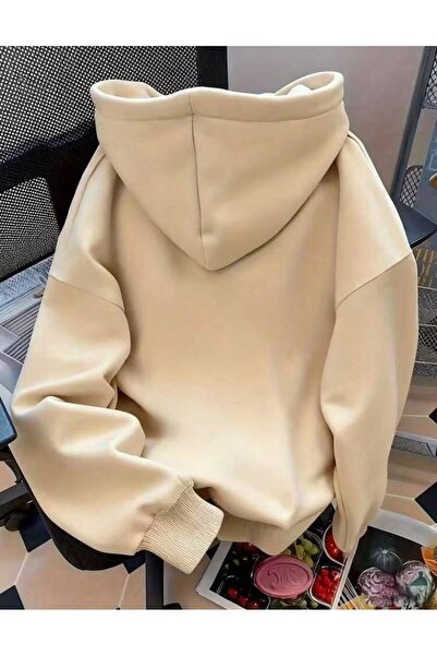 trendgar Bej Fiyonk Baskılı Kapşonlu Sweatshirt