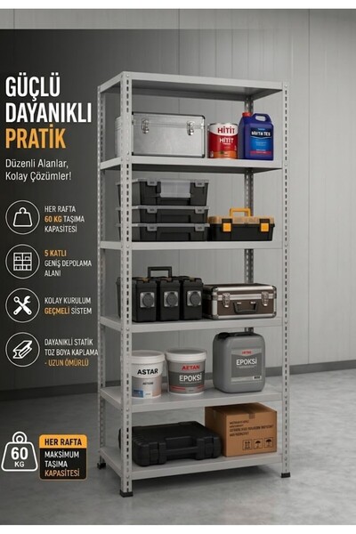 GALARAF5 Katlı Çelik Raf Depo, Arşiv, Kiler, 43*93*200 Cm Çok Amaçlı Çelik Raf