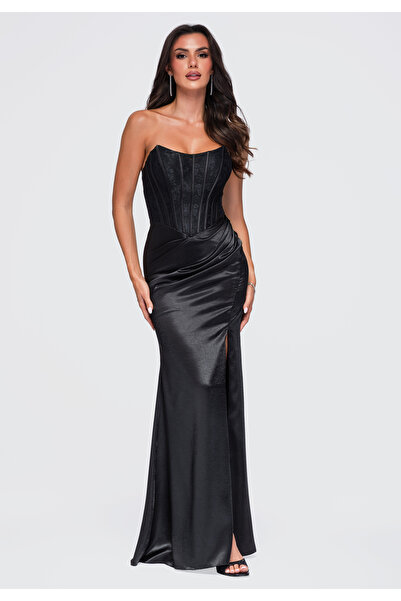Larica Damen-Abendkleid, Maxi-Schnitt mit Korsett-Oberteil Schwarz LA-OM-DLR468