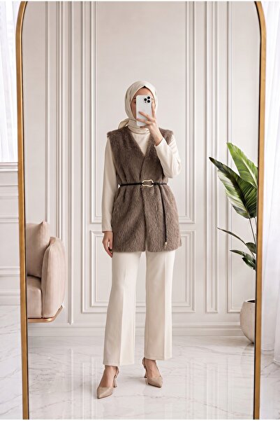MİHRA STORE Berya Pelzweste mit Gürtel-BN4547 Braun