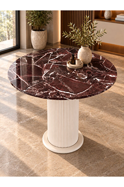 Mermer Desenli Vişne Yuvarlak Masa 90 cm %100 MDF Vizon Bej