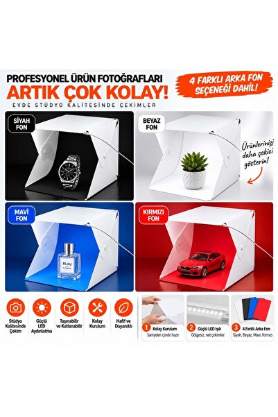Triline 20x20 cm LED Işıklı Mini Ürün Fotoğraf Çekim Çadırı 4 Renk Fonlu Taşınabilir Stüdyo