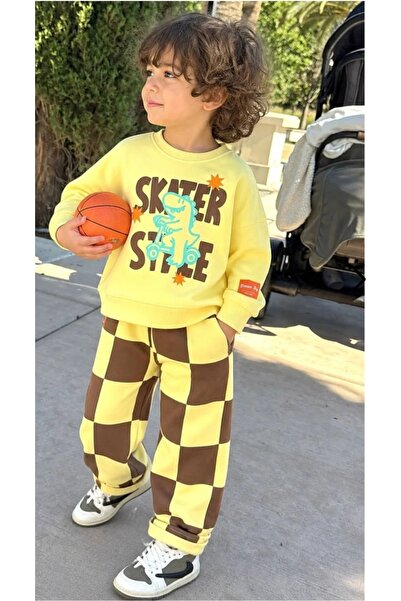 Unisex Çocuk 2’li Takım Skater Baskılı Sarı Sweatshirt ve Kahverengi Kareli Bol Paça Pantolon