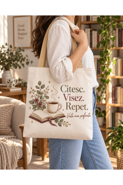 OEM Sacosa Tote cu mesaj Citesc. Visez. Repet. Viata mea preferata.