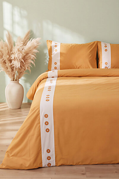 Rivaİstanbul Daisy Mustard 100% Cotton Double Duvet Cover Set - 4 Pieces