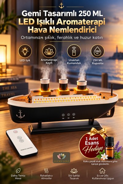 Lucky Love Gemi Tasarımlı 250 ML LED Işıklı Aromaterapi Hava Nemlendirici Buhar Makinesi Uzaktan Kumandalı Zaman Ayarlı