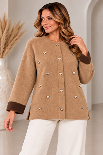 CNR TEKSTİL Women's Gray Heart Accessory Soft Textured Crew Neck Knitwear Car...