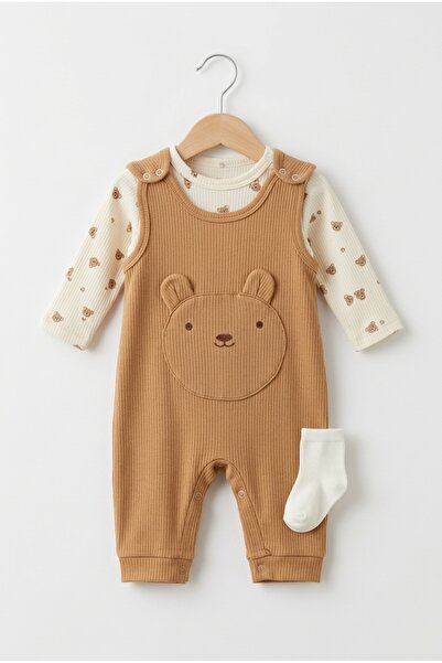 hobbe baby Salopet Bebek Tulum 3-6-9 Ay Aksesuarlı Çıtlı Takım-Body-Çorap