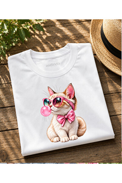ASELİNDA Μπλουζάκι/Τ-SHIRT με στάμπα γάτας με μπαλόνια και γλυκά καραμέλες, λ...