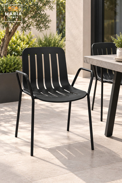 MARIA HOMES Modern Outdoor Chair | Black Slatted Arm Chair with Curved Seat, ...