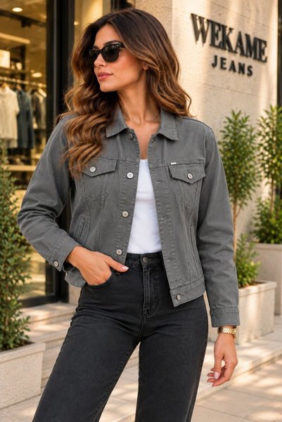 WKM Damen-Jeansjacke aus Denim mit Standard-Passform, Taschen und Knöpfen