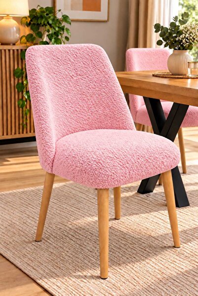 DEKOZUM LAVENA Teddy Kumaş Ahşap Ayaklı Dekoratif Sandalye – Mutfak, Salon, M...