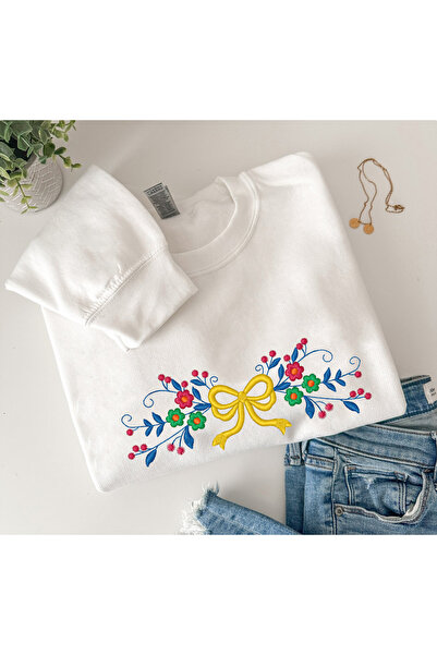 SUNFREE Flower Ribbon Embroidered Crew Neck Oversize Cotton Sweatshirt