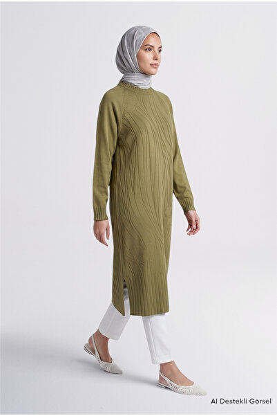 Armine Jacquard Patterned Knitwear Tunic Dress Oil Green