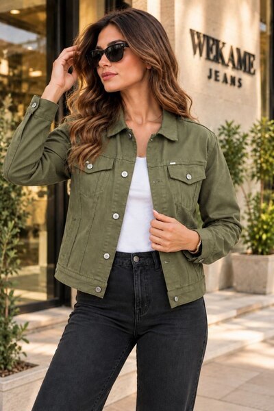 WKM Kadın Jean Denim Standart Kalıp Cepli Düğmeli Kot Ceket