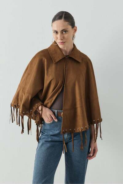 Molene Camel Püskül Detaylı Süet Pelerin