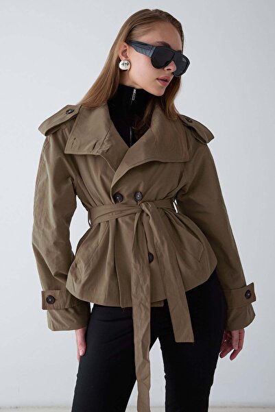 Olcay Oversized Short Trench Coat with Stand Collar and Epaulet Detail Vi̇zon...