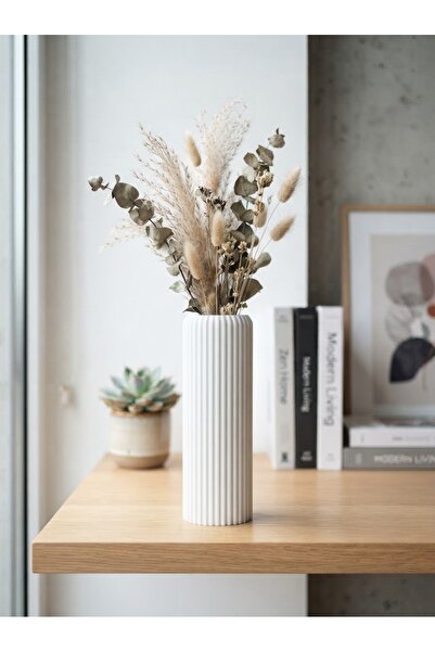 echer studio Zen Dikey Oluklu Vazo - Mat Beyaz - 3D Baskı Minimalist Dekoratif Vazo