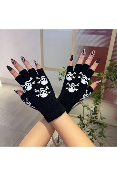 Toum Gothic Printed Unisex Black Cut-Out Double Gloves