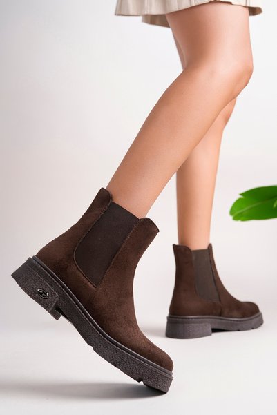 BAHRİNA Women's Brown Suede Thermo Rubber Sole Elastic Boots