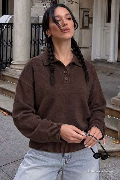 Madmext Brown Buttoned Polo Collar Women's Sweater Mg2307
