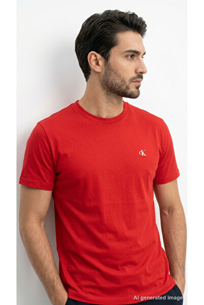 Calvin Klein Men's Red T-Shirt Crew Neck Short Sleeve Minimal Ck Logo Casual ...