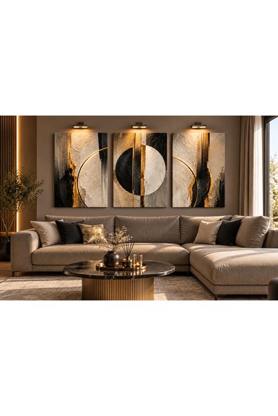 reklamcın 3 Parça Kanvas Tablo Seti Siyah Gold Bej Modern Soyut Geometrik Duv...