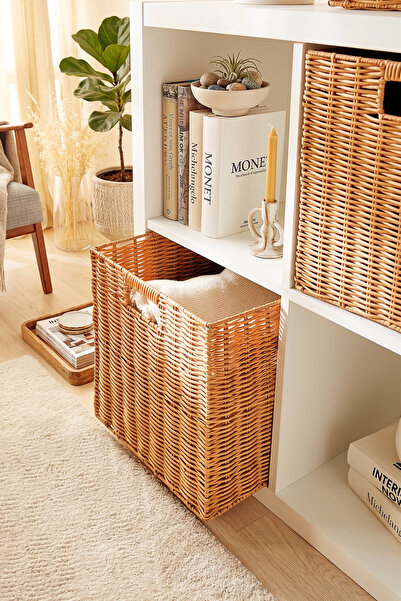 Ocean Home Textile Yıkanabilir Bej PP Rattan Dolap İçi Çamaşır Çocuk Odası Oyuncak Düzenleyici Saklama Sepeti Organizer 33x33x33