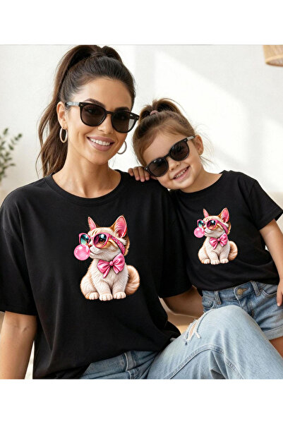 ASELİNDA Mother-Daughter Balloon Gum-Eyed Cat Printed Crew Neck White-Black T-Shirt/T-Shirt (the Price Is for One Piece.)