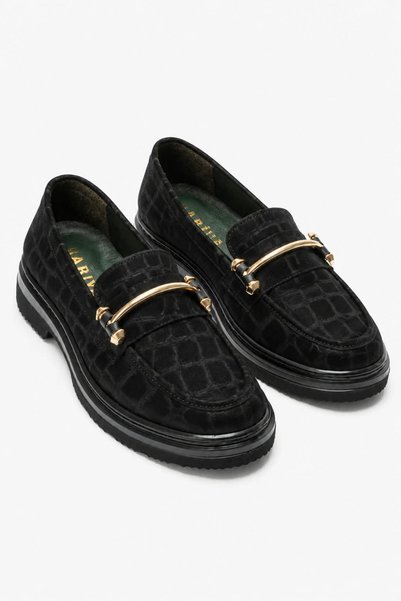 babiva Genuine Leather Suede Accessory Detailed Crocodile Pattern Orthopedic Sole Women's Loafer Black Chiara