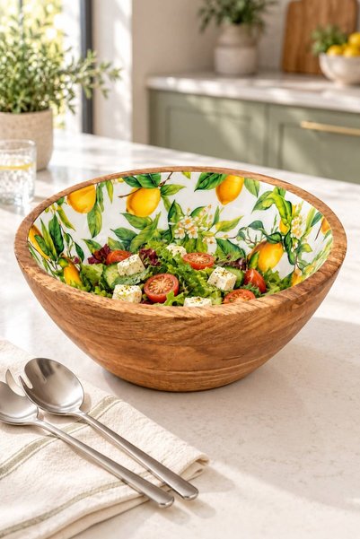 NEWNOW Mango Wood Bowl with Enamel Lemon Pattern 25X12 cm – Large Fruit and Salad Presentation Bowl