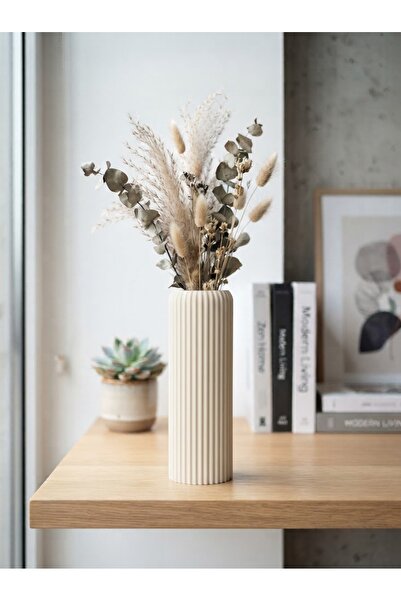 echer studio Zen Dikey Oluklu Vazo - Mat Krem - 3D Baskı Minimalist Dekoratif Vazo