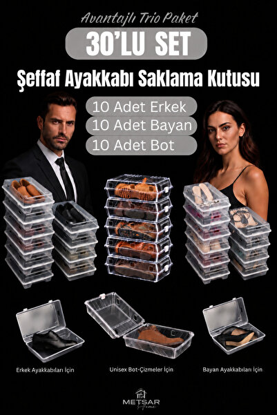 Metsar Home 30'lu Set Şeffaf Ayakkabı Kutusu Erkek& Bayan Ve Bot Ayakkabı Sak...