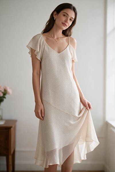 RANDOM Women's thin strap shoulder cutout ruffled midi dress