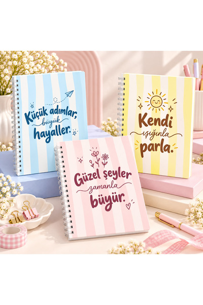 İlham Veren Sözler 3'lü Çizgisiz Spiralli Defter Seti 13,5x20 cm 100 Sayfa Karton Kapak
